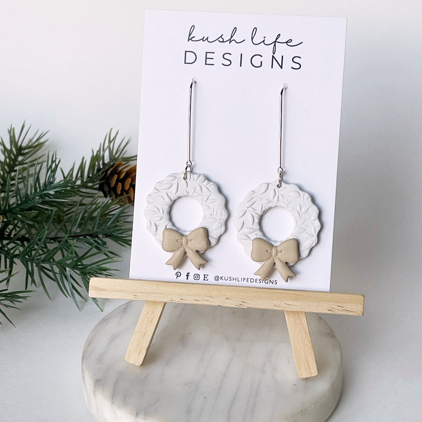 Clay Earrings | Speckled Off-White Christmas Wreath Dangle